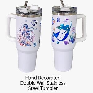 NIB Hand Decorated White Stainless Steel Tumbler "Mermaid Play"